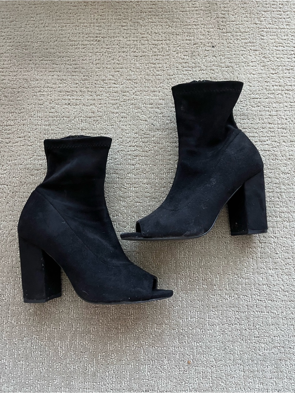 Fashion Nova Black Suede Peep-Toe Block Heel Booties Size US 7.5